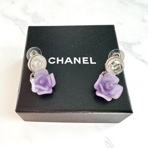 Chanel Purple Camellia Flower Silver Studded Earring Set with Box